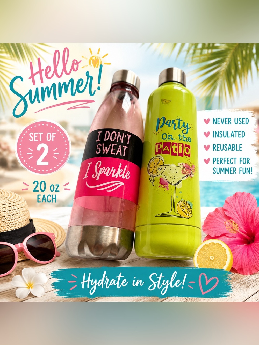 Set of 2 Insulated 20 oz Water Bottles